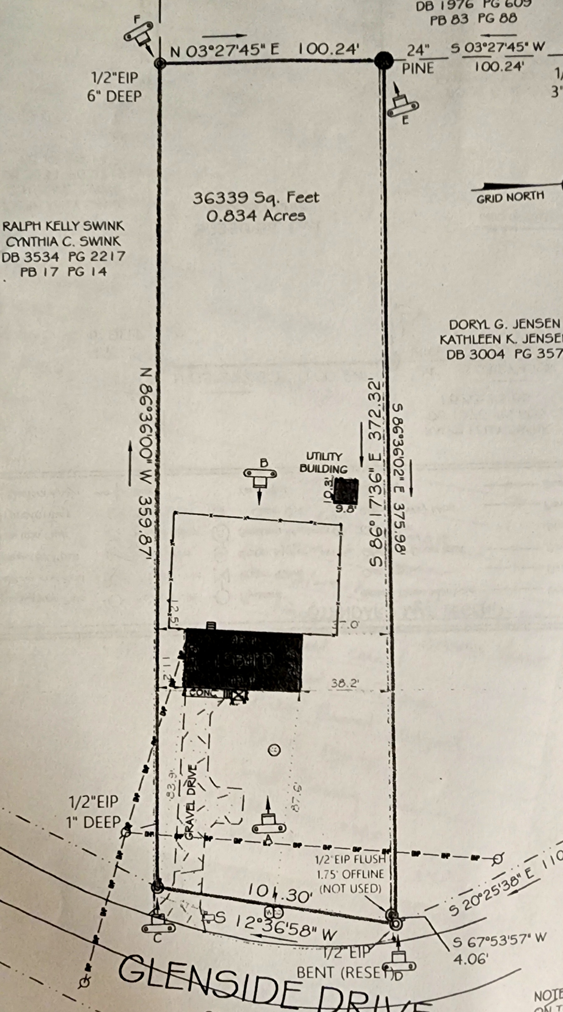 Boundary survey of 1801 Glenside Drive showing 0.834 acres and utility building setbacks